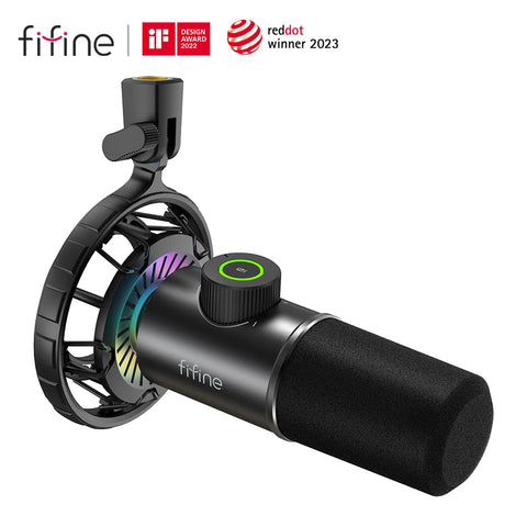 Microfone Dinâmico FIFINE K658 USB com Tap-to-Mute, RGB e Jack para Auscultadores – Som Profissional para Gaming e Streaming