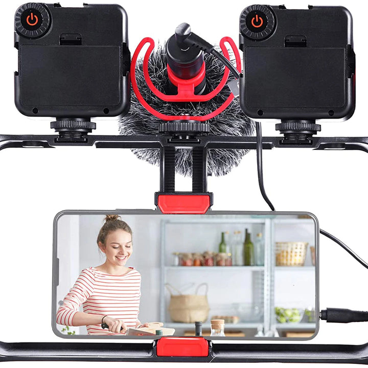 M-REMOTE Rig para smartphone com 3 suportes de sapata, estabilizador de vídeo handheld e suporte para tripé. Ideal para filmagens profissionais e gravações estáveis.