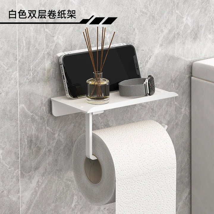 Suporte de Papel Higiénico Adesivo Sem Furos – Porta Rolo e Prateleira Multifuncional para Casa de Banho ou Cozinha
