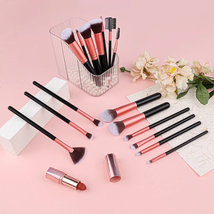 Conjunto Profissional de Pincéis de Maquiagem 14/16 Peças – Cerdas Macias para Olhos, Base, Blush e Corretivo