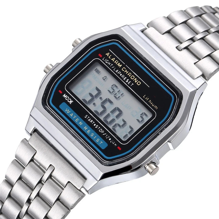 Relógio Digital Esportivo Unissex LED – Pulseira de Metal, Estilo Casual, Design Quadrado