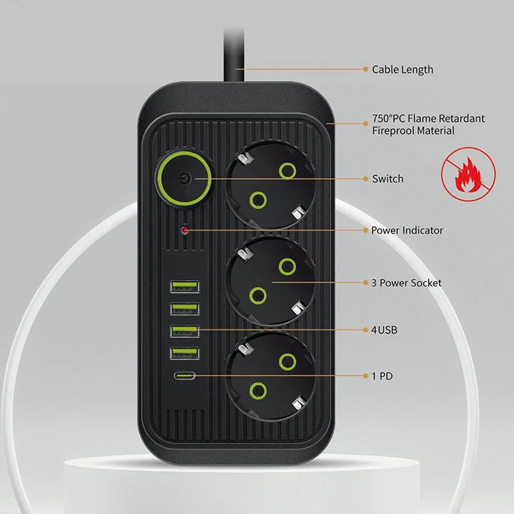 Extensão Elétrica com 3 Tomadas AC + USB Tipo-C | 2 Metros, Multitomada com Filtro de Rede – Ficha EU
