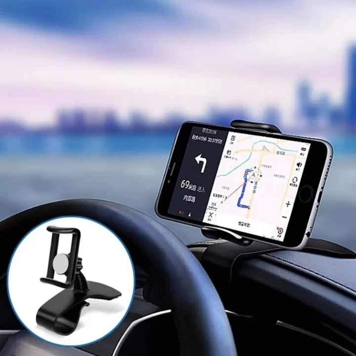 Suporte de Telemóvel Universal para Carro com Rotação 360° – Fixação em Painel com Clipe | Compatível com iPhone, Samsung, Xiaomi