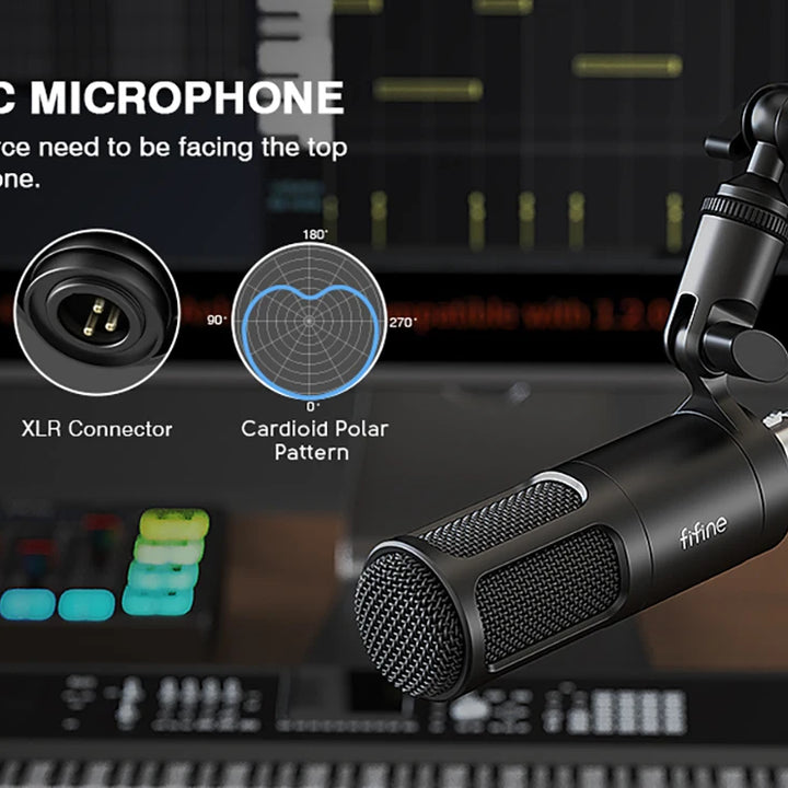 Microfone Profissional FIFINE K669D XLR com Corpo Metálico – Ideal para Gravação, Podcast, Voice Over, ASMR e Streaming
