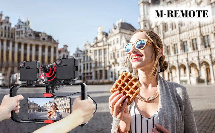 M-REMOTE Rig para smartphone com 3 suportes de sapata, estabilizador de vídeo handheld e suporte para tripé. Ideal para filmagens profissionais e gravações estáveis.