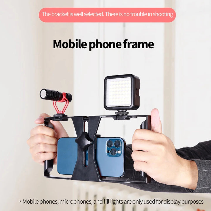 Suporte de Filmagem com Telemóvel – Gaiola Portátil com Duas Pegas e Suporte Cold Shoe para Vlogs, Vídeos e Diretos