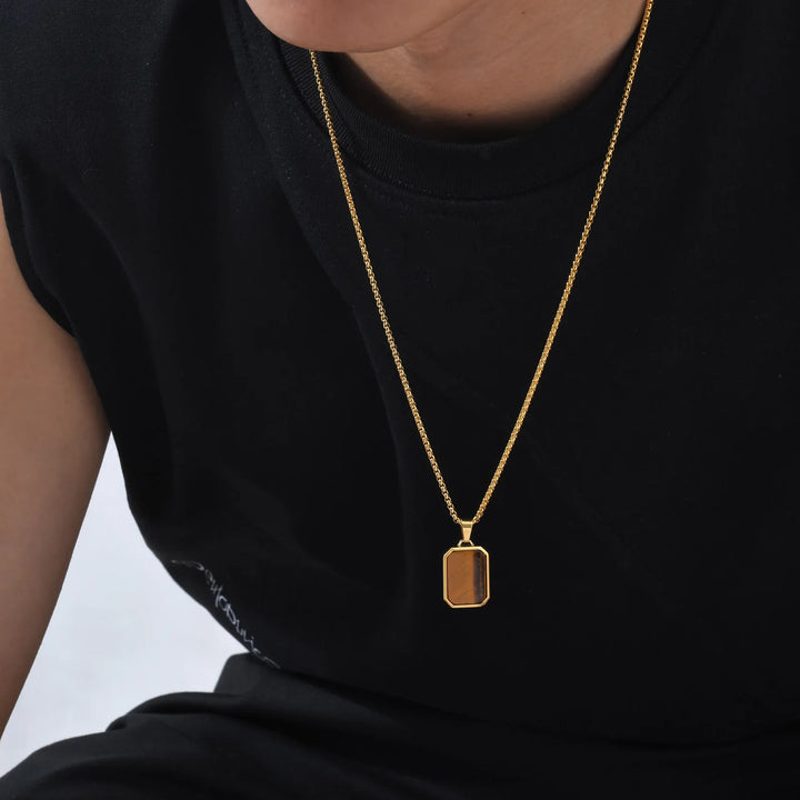 Trendy Pendant Necklaces for Men Boys,Square Natural Stone Stainless Steel Necklaces,New Hip Hop Cool Jewelry Gifts