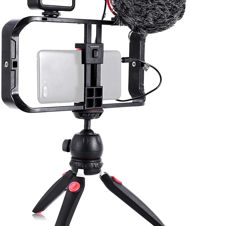 M-REMOTE Rig para smartphone com 3 suportes de sapata, estabilizador de vídeo handheld e suporte para tripé. Ideal para filmagens profissionais e gravações estáveis.