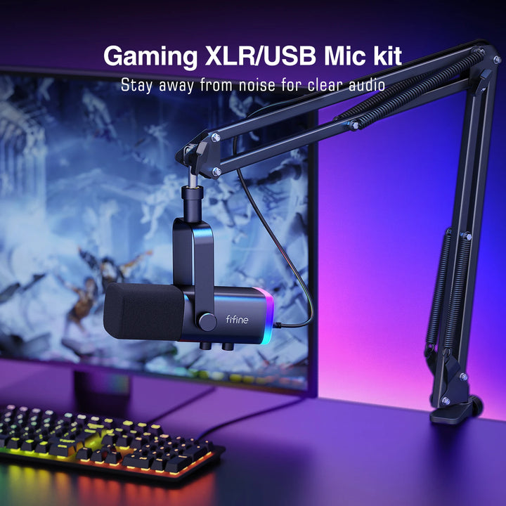 Microfone Gaming FIFINE XLR/USB com RGB, Suporte e Entrada para Headphone – Kit Dinâmico para PC, PS5/4